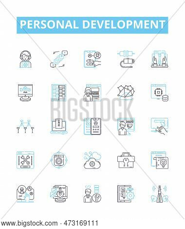 Personal Development Vector Line Icons Set. Motivation, Growth, Learning, Happiness, Reflection, Goa