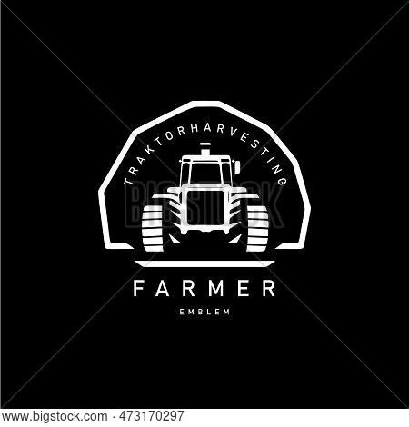 Tractor Emblem, Farm Workhorse Sign, Agriculture Logo, Fieldwork Machinery Icon. Vector Illustration