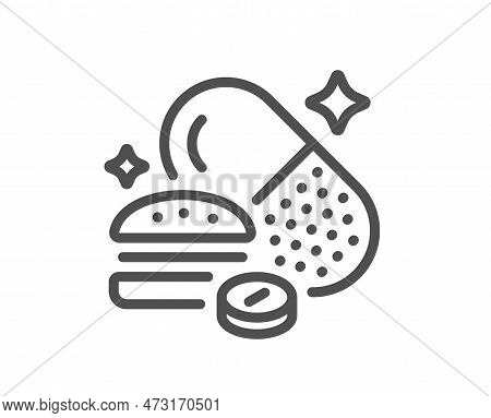 Overeating Pills Line Icon. Food Digestion Capsule Sign. Unhealthy Nutrition Symbol. Quality Design 