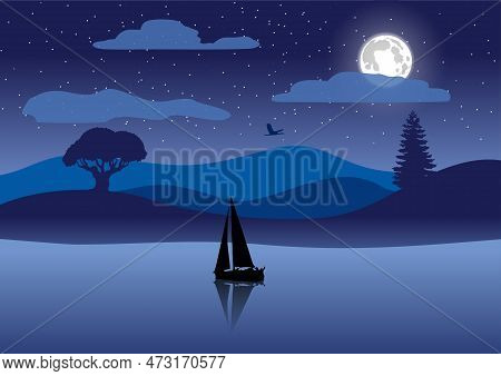 Vector Drawing Of A Ship At Night On The Lake