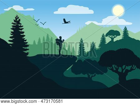 Vector Drawing Tourist Taking Pictures Of Mountains