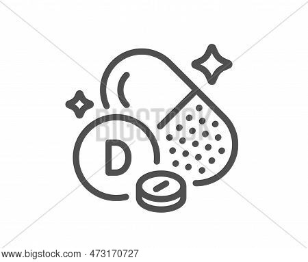 Vitamin D Line Icon. Food Nutrient Sign. Capsule Or Pill Supplement Symbol. Quality Design Element. 