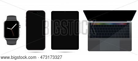 Realistic Modern Set Of Pc Monitor, Laptop, Tablet And Smartphone Isolated On White Background. Vect
