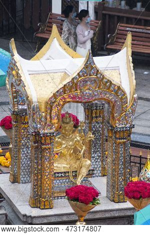 Bangkok, Thailand- 15 Feb, 2023: People Visit To Erawan Shrine To Pray For Luck And Fortune. Erawan 