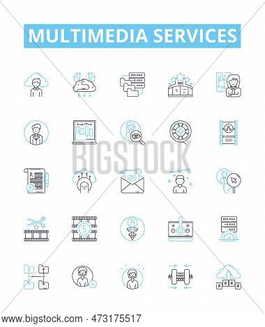 Multimedia Services Vector Line Icons Set. Multimedia, Services, Audio, Video, Animation, Messaging,