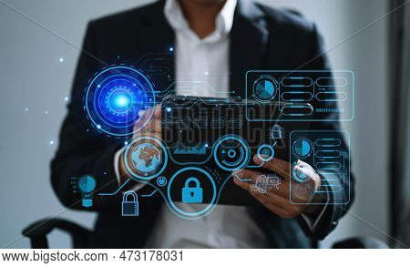 Cyber Security Data Protection Business Working On Compute Intelligenc Digital Tablet Global Network