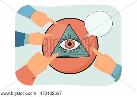 Hands Pointing At All-seeing Eye Vector Illustration. People Believing Or Judging Conspiracy Theorie