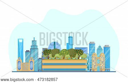 Green Zone In Big City Vector Illustration. Garden With Fruit Trees In Middle Of Megapolis On White 