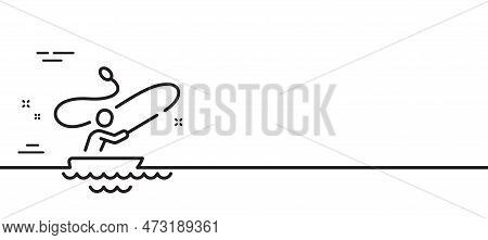 Boat Fishing Line Icon. Fisherman With Spinning Rod Sign. Catching Fish Symbol. Minimal Line Illustr