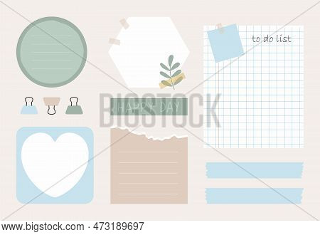 Cute Memo Template. A Collection Of Striped Notes, Blank Notebooks, And Torn Notes Used In A Diary O