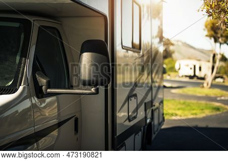 Class C Motorhome Rv Vacation On The Road. Recreational Vehicle Theme.