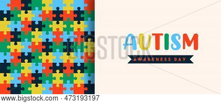 Autism Awareness Day Web Banner Illustration Of Paper Cut Colorful Puzzle Background. Kid Education 