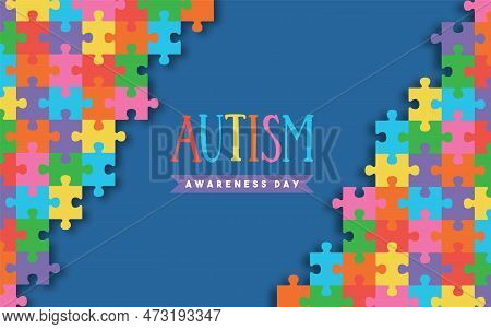 Autism Awareness Day Greeting Card Illustration Of Paper Cut Colorful Puzzle Background. Kid Educati