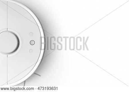 Modern Autonomous Smart Robot Vacuum Cleaner On White Background Top View With Space For Text. Self-