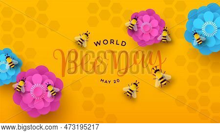 World Bee Day Web Banner Illustration Of Paper Cut Flowers And Bumblebee Insects In Modern 3d Paperc