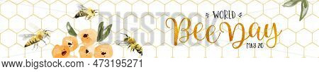 World Bee Day Web Banner Illustration Of Hand Drawn Bumblebee Swarm With Yellow Spring Flower Decora