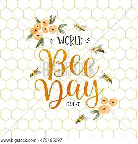 World Bee Day Greeting Card Illustration Of Hand Drawn Bumblebee Insect With Yellow Spring Flower De