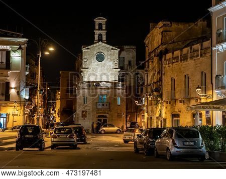 Taranto, Italy - October 28, 2021: Torre Dell Orologio Landmark At Piazza Fontana Town Square In Tar