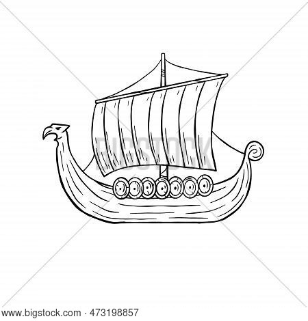 Viking Boat. Nordic Drakkar, Swedish Warship. Cartoon Scandinavian Sailboat For Coloring Book. Longs