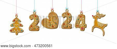 Gingerbread Cookie Numerals On Sticks With Phrase 2024 In Cartoon Style. Sweet Biscuit Christmas Tre