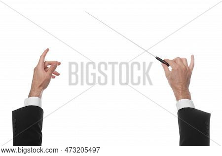 Professional Conductor With Baton On White Background, Closeup