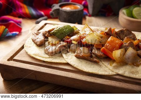 Fajitas Tacos, In Mexico It Is Also Called Alambre De Res. Very Popular Recipe, The Main Ingredients