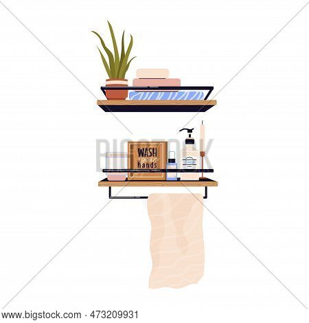 Bathroom Wooden Shelf With Hygiene Items, Towels Stack, Beauty Products And Houseplant. Modern Wall 
