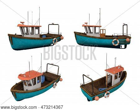 Cartoon Low Poly Fishing Ship Set On White Background, Clipping Path, 3d Rendering