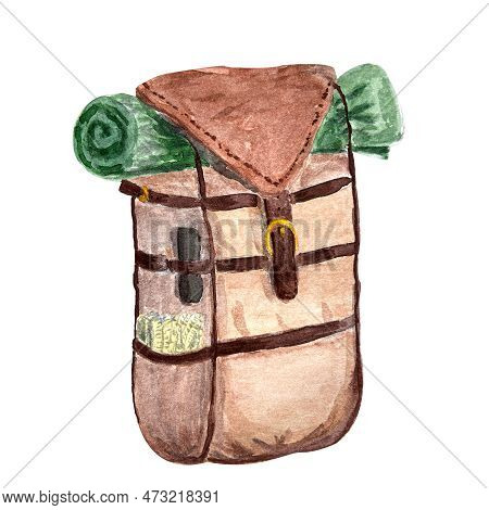 Watercolor Hand Painted Brown Retro Hiking Backpack Illustration Isolated On White Background. Campi