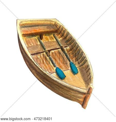 Watercolor Hand Painted Wooden Boat Illustration Isolated On White. Tourism, Travel And Fishing Desi