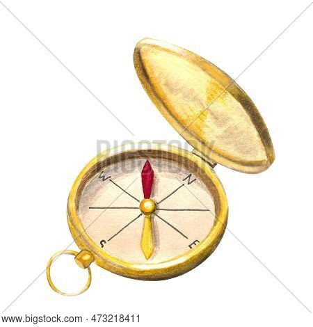 Watercolor Hand Painted Golden Compass Illustration Isolated On White. Tourism, Travel, Hiking Desig