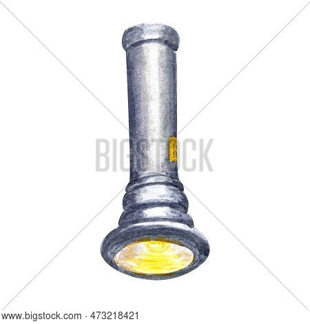 Watercolor Hand Painted Silver Flashlight Illustration Isolated On White. Tourism, Travel, Hiking, C