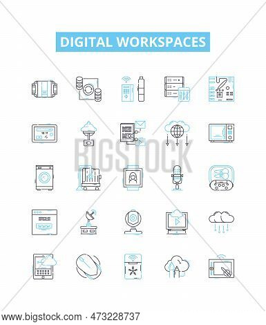 Digital Workspaces Vector Line Icons Set. Digital, Workspaces, Virtual, Collaborative, Cloud, Office