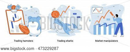 Stock Market Manipulation Concepts Set, Change Business Graph Indicator, Influence Crypto Currency P