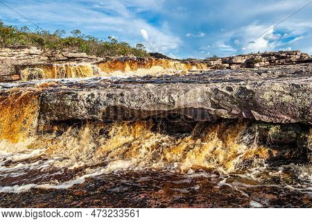 The Tiburtino Waterfall In Mucuge, In The Chapada Diamantina, In Bahia, Brazil Running Over Rocks An