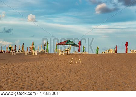 View Of Imbassai Beach, Bahia, Brazil. Beautiful Beach In The Northeast With A River And Palm Trees.