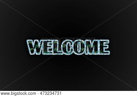 WELCOME letters banner on black squares with green and blue effect