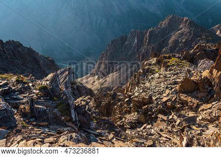 Awesome Mountain View From Cliff At Very High Altitude. Scenic Landscape With Beautiful Sharp Rocks 