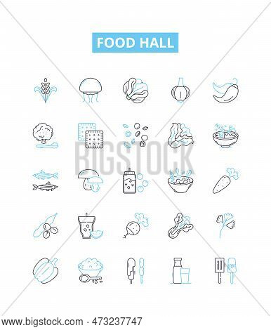 Food Hall Vector Line Icons Set. Food, Hall, Eatery, Cafeteria, Canteen, Buffet, Bistro Illustration