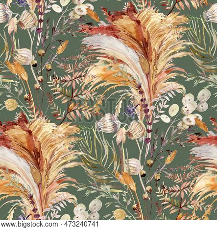 Seamless Pattern With Herbs And Pampas Grass And Dried Flowers Painted For Textile