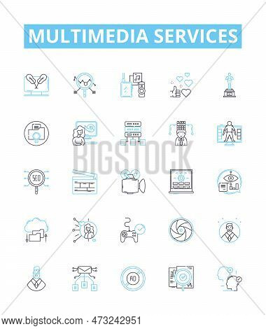 Multimedia Services Vector Line Icons Set. Multimedia, Services, Audio, Video, Animation, Messaging,