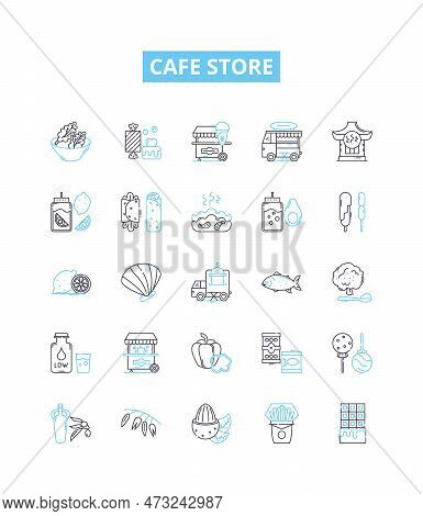 Cafe Store Vector Line Icons Set. Cafe, Store, Coffee, Drinks, Food, Bakery, Desserts Illustration O