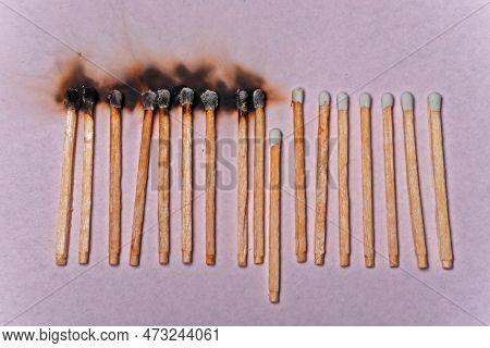 Row Of Burned Wood Matches Interrupted By One Standing Out. Concept Of Power Of Difference.