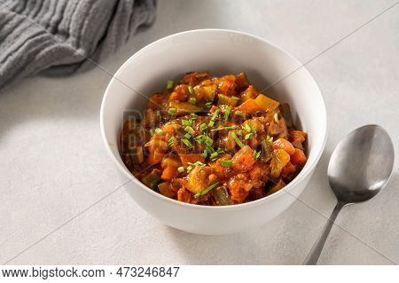 Roasted Vegetables Stew, Vegan Food In White Bowl.