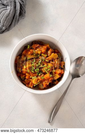 Vegetable Stew, Vegan Healthy Food In White Bowl. Top View.