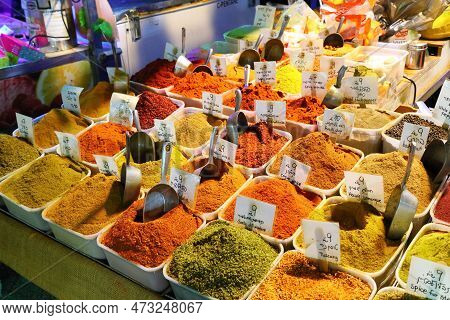 Tel Aviv, Israel - November 2, 2022: Colorful Spice Selection At Carmel Market In Tel Aviv, Israel. 
