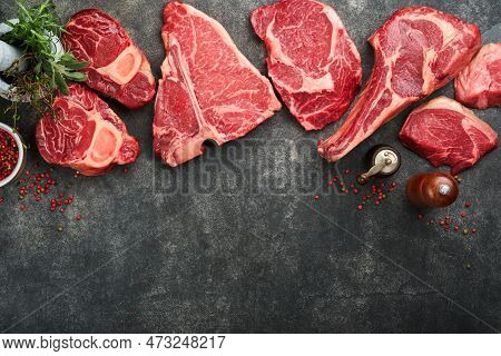 Raw Prime Steaks. Variety Of Fresh Black Angus Prime Meat Steaks T-bone, New York, Ribeye, Striploin