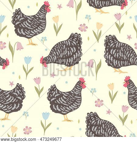 Seamless Pattern With Cute Pockmarked Chickens And Flowers. Vector Image.