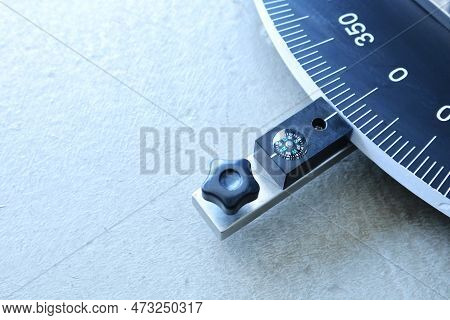 Compass At Zero. Close-up Of Zero-degree North Compass On Telescope Arm For Use In Angular Or Azimut