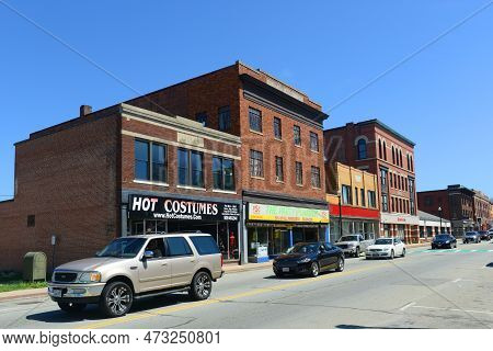Webster, Ma, Usa - Apr. 30, 2016: Historic Commercial Buildings On Main Street In Historic Town Cent